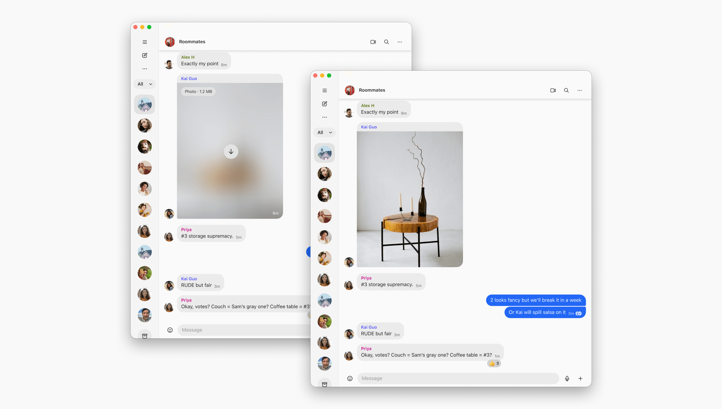 In the background, a screenshot shows a blurred thumbnail of an image with a download icon. In the foreground, the same chat window shows the image fully visible and clear.