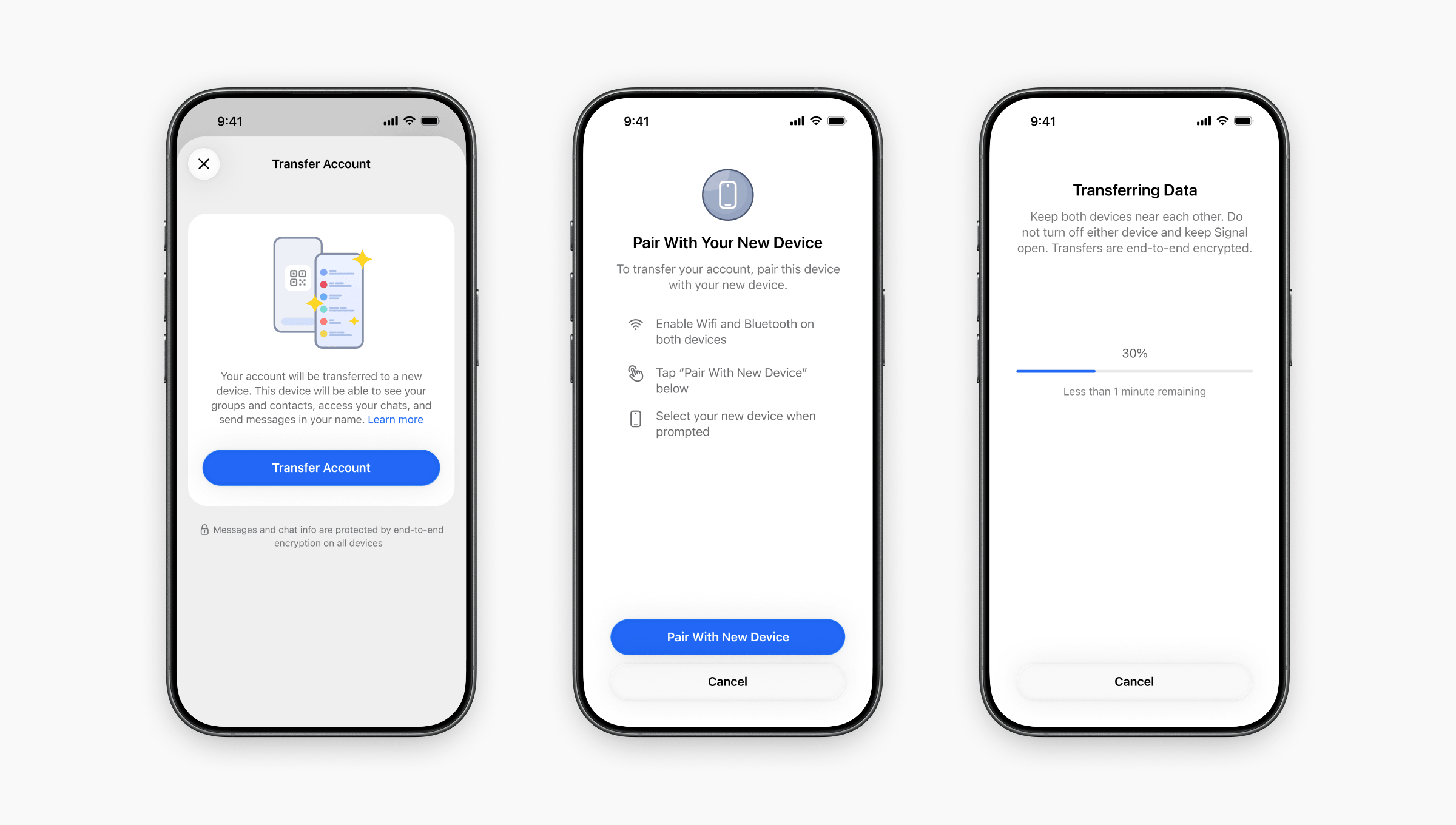 Three iPhones next to each other, displaying the "Transfer Account," "Pair With Your New Device," and "Transferring Data" screens that comprise the iOS device-to-device transfer feature.