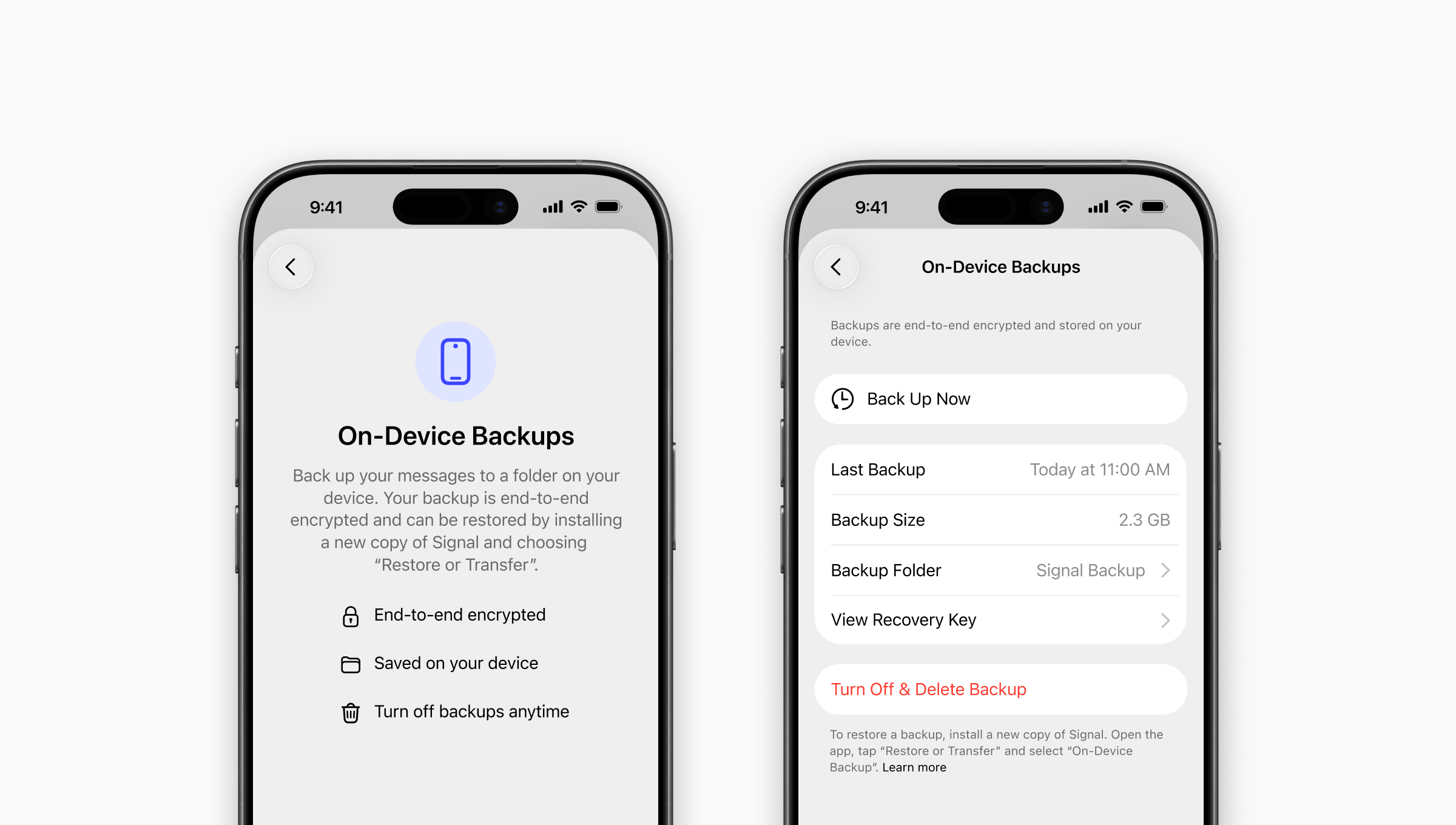 Side-by-side screenshots showing the on-device backups interface.