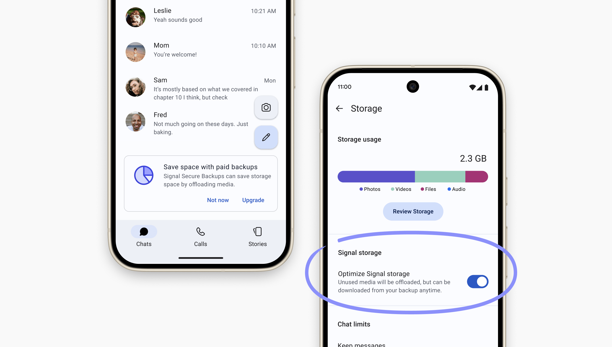 A screenshot showing a banner that says "Save space with paid backups" and a second screenshot showing the "Optimize Signal storage" setting.