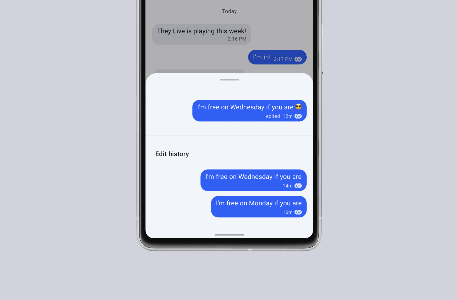 A conversation in Signal where two people are planning to see a movie together. Edit message history shows one person switching their availability from Monday to Wednesday.