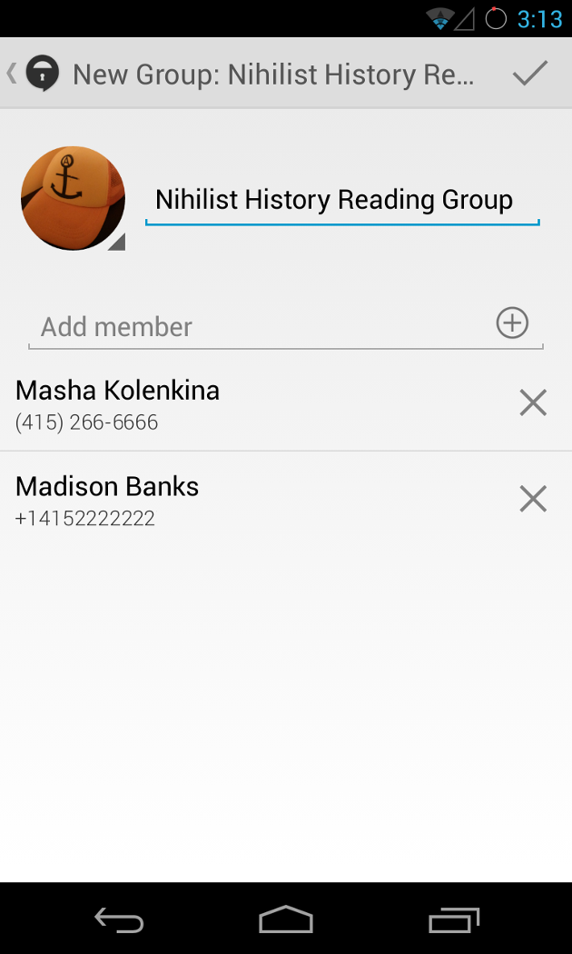 Screenshot of group creation user interface in TextSecure