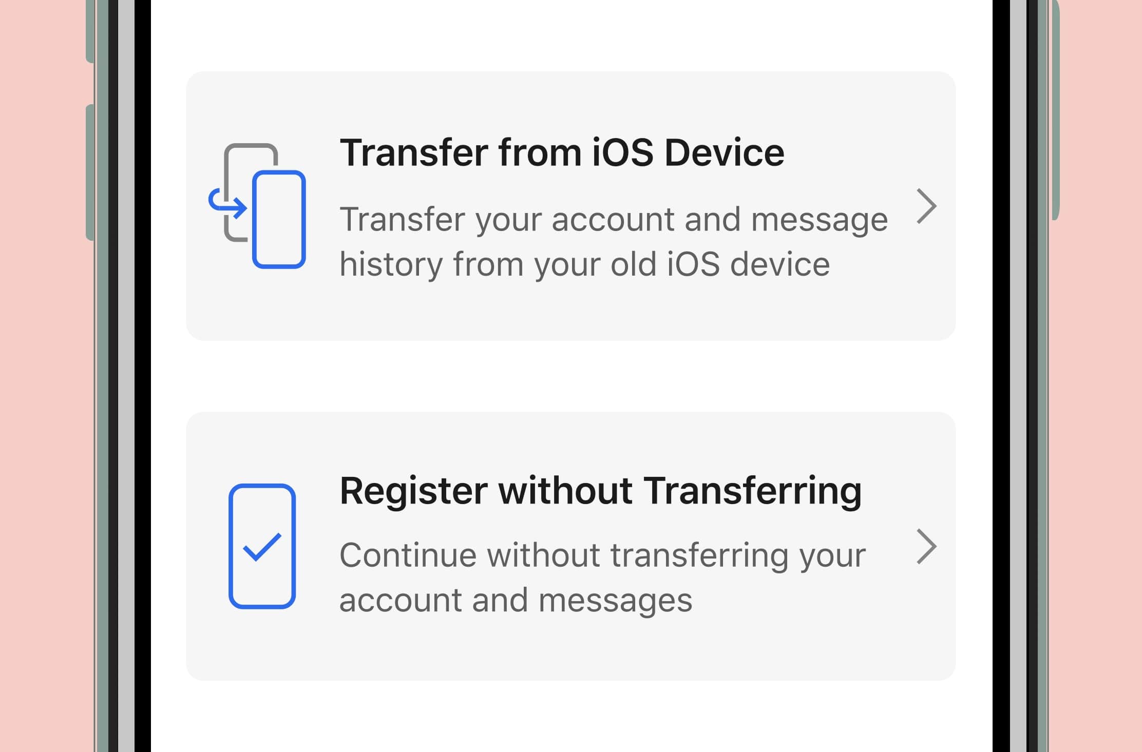 A close-up view of the Signal registration interface showing the new 'Transfer from iOS Device' option.