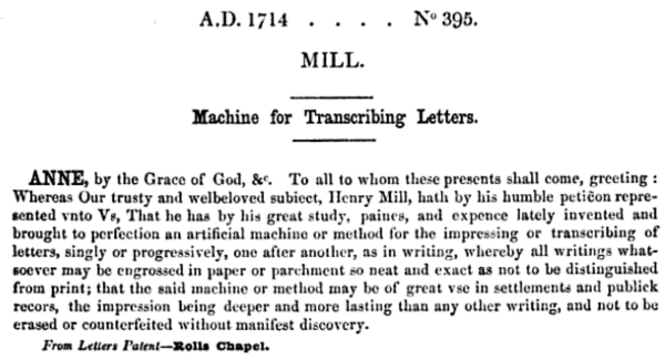 The text of Henry Mill's patent from a reference index.