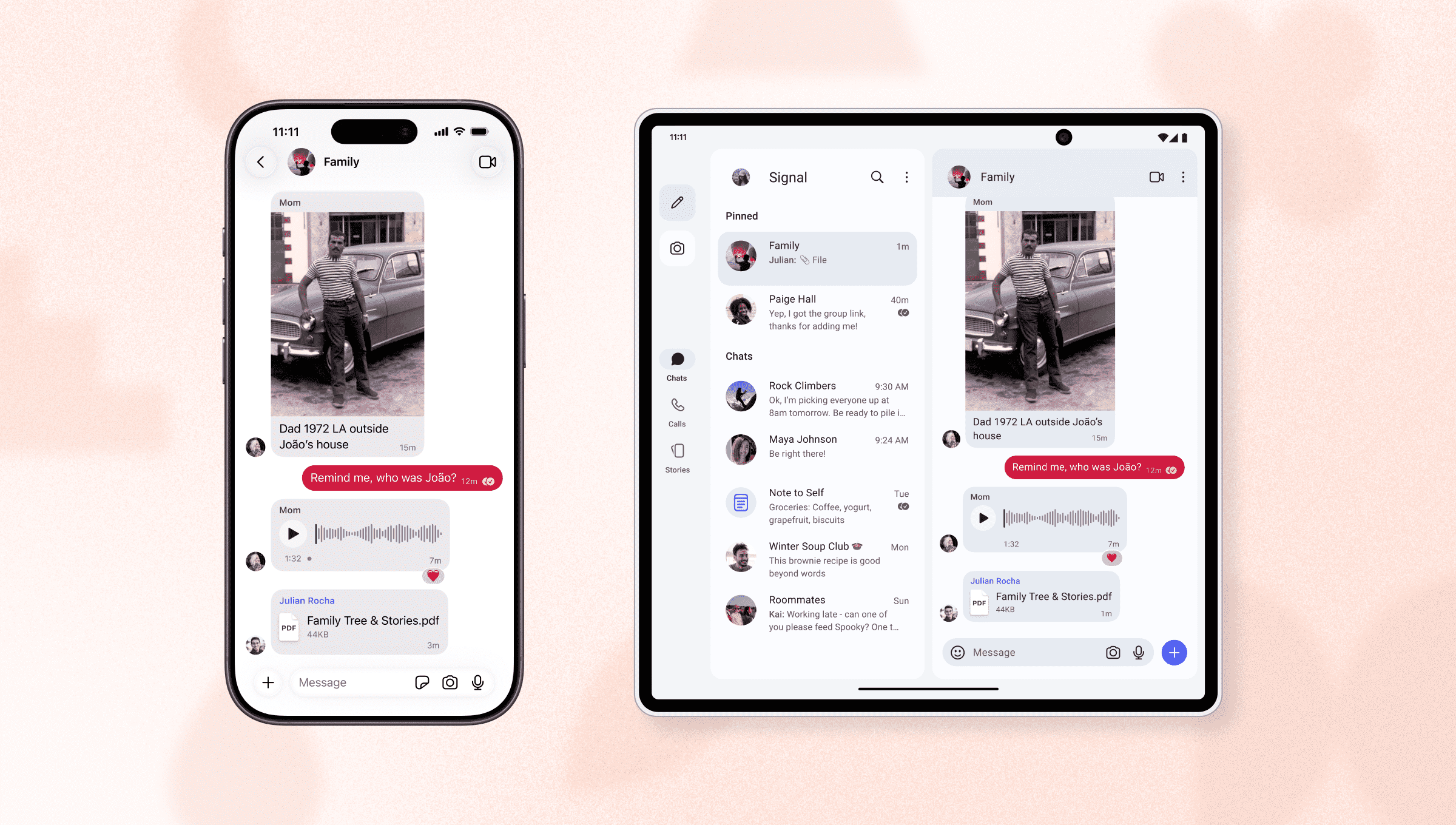 Side-by-side screenshots of the same Signal group chat being displayed on a phone and a larger device.