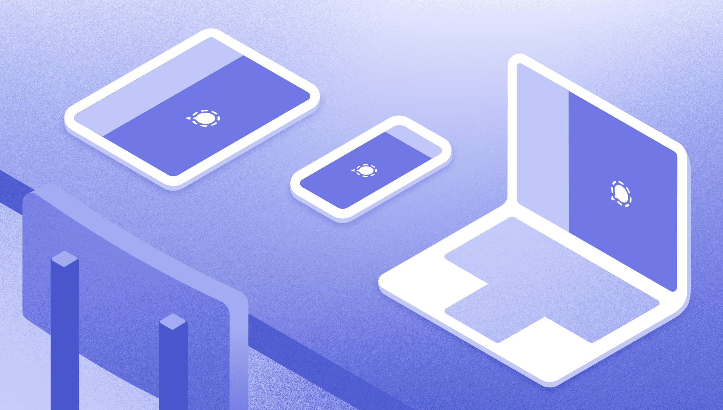 A stylized illustration of a tablet, a phone, and a laptop on a table.