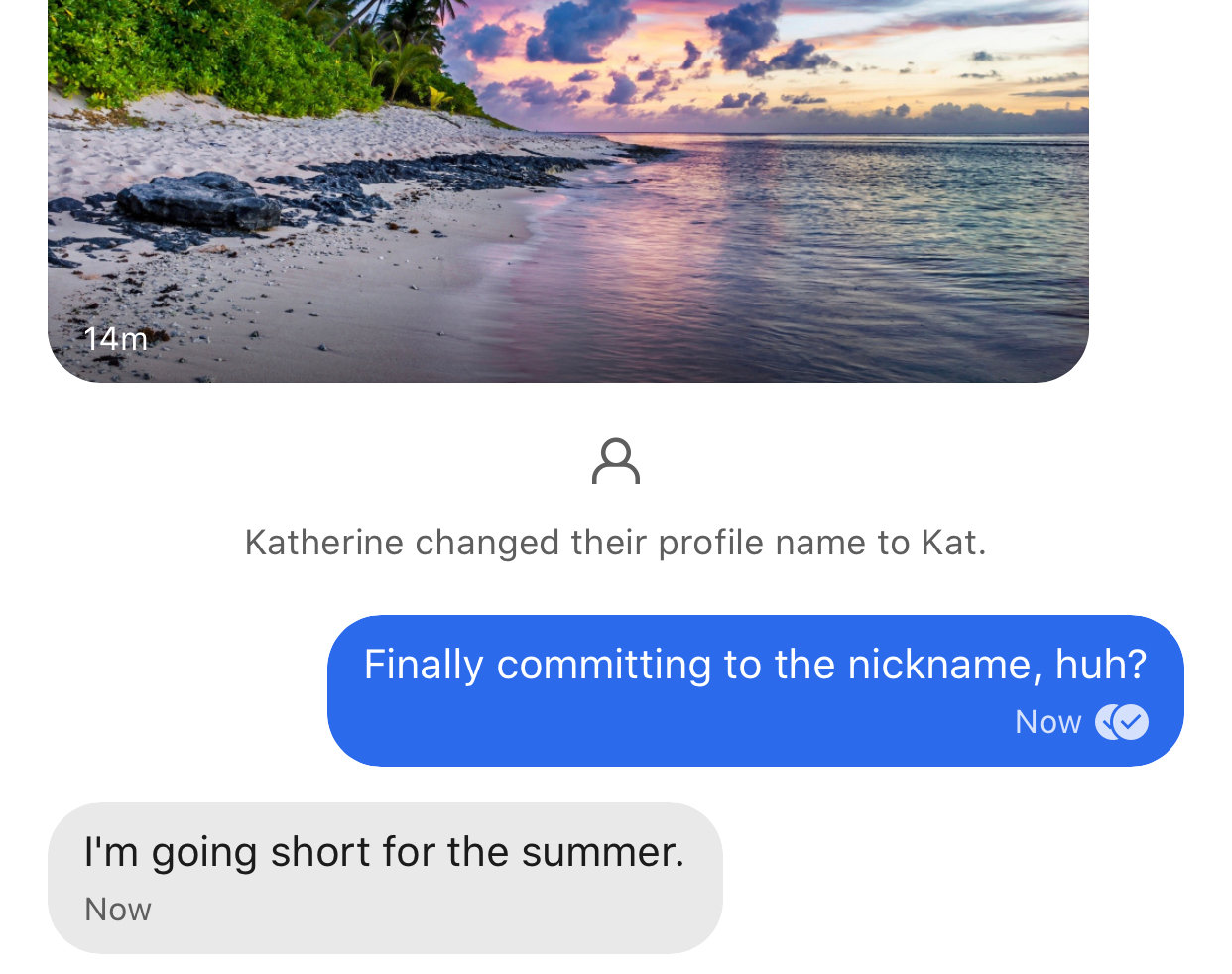 Screenshot of a conversation thread where 'Katherine' has changed their profile name to 'Kat' Person 1: 'Finally committing to the nickname, huh?' Person 2: 'I'm going short for the summer.'
