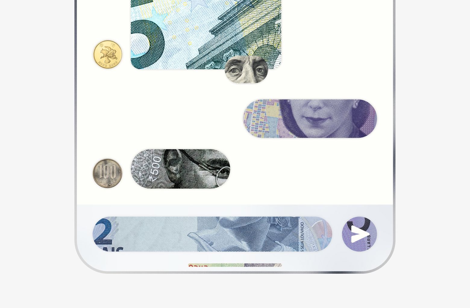 An illustration of a phone screen displaying the Signal interface. Every interface element is represented by photos of currencies from around the world.