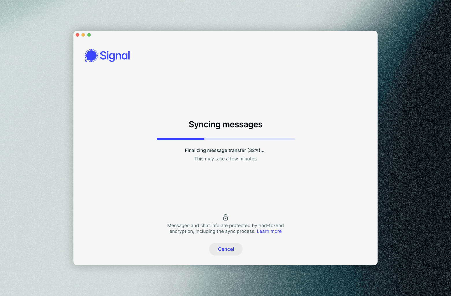 A screenshot of Signal Desktop showing an in-progress message transfer at 32 percent.