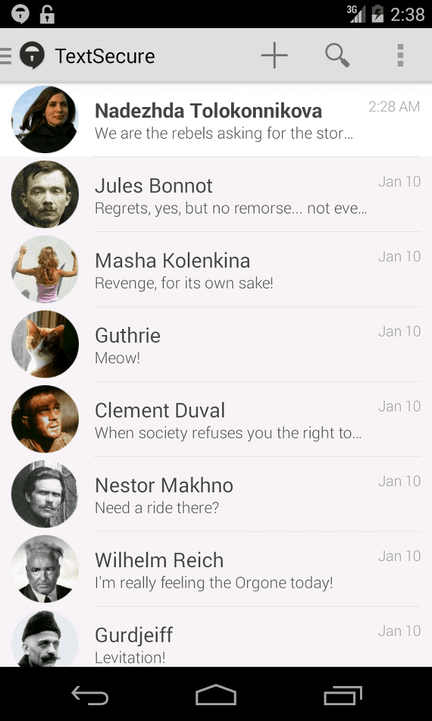 Screenshot of redesigned TextSecure conversation list