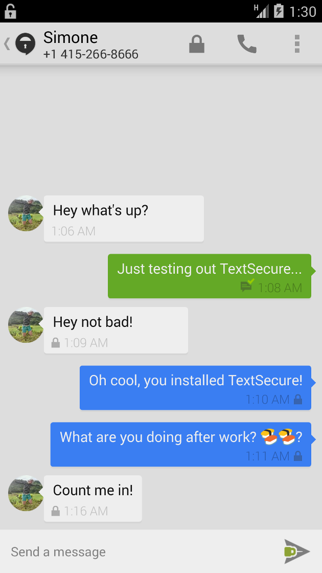 Screenshot of TextSecure conversation over SMS and push messaging