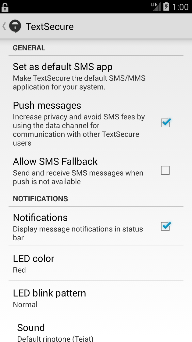 Screenshot of TextSecure settings for SMS and push transports