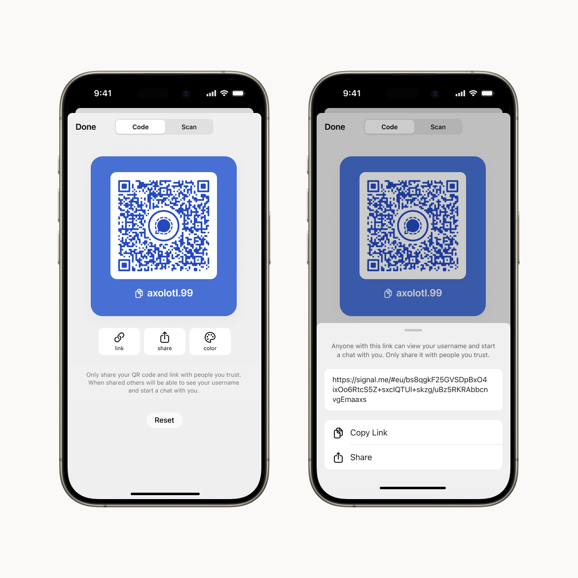 Two phones next to each other displaying the QR code and custom URLs to connect on Signal without sharing a phone number.